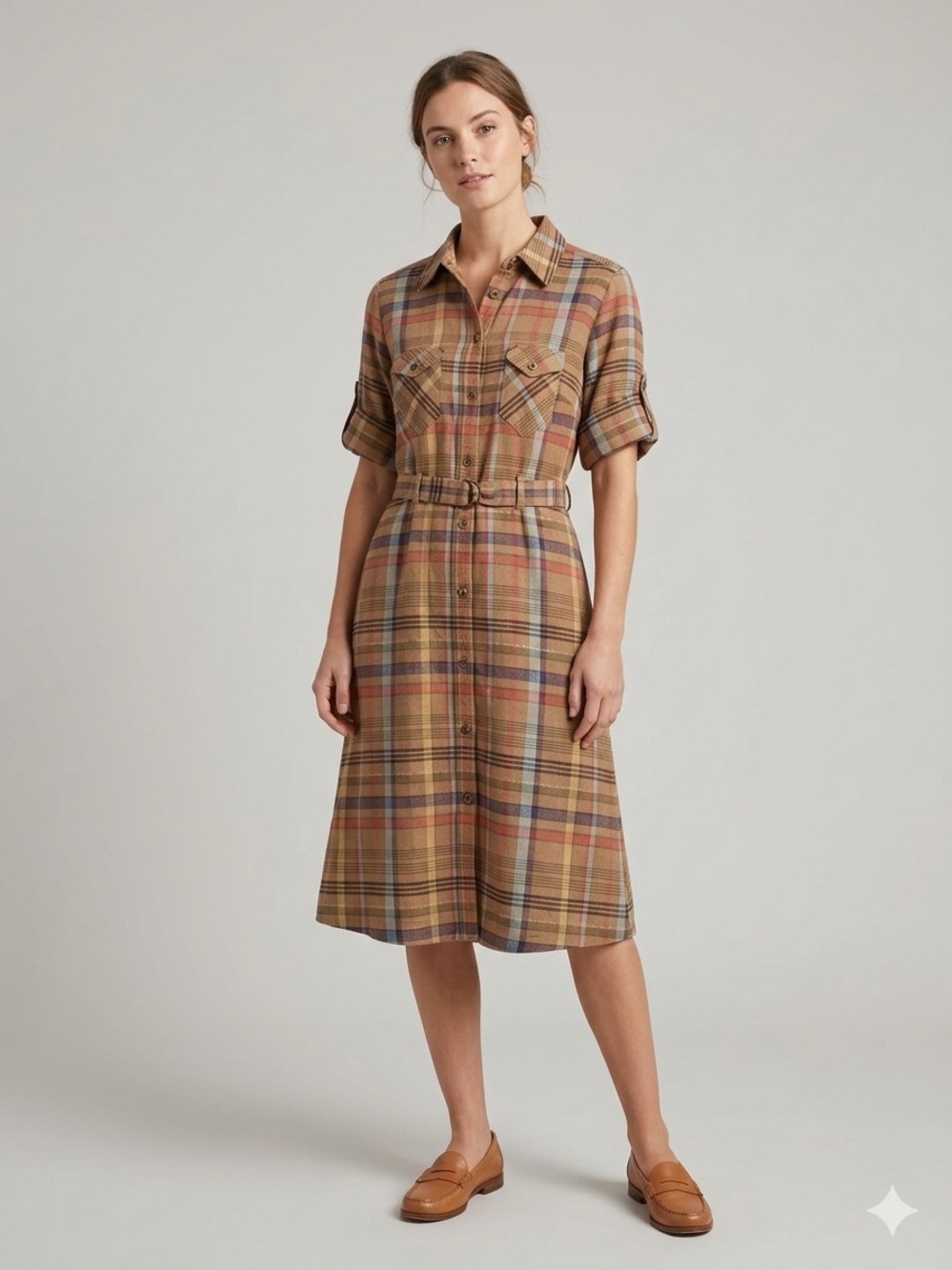 Vintage White Stag Plaid Midi Shirtdress Metallic Linen Cottagecore Size 8